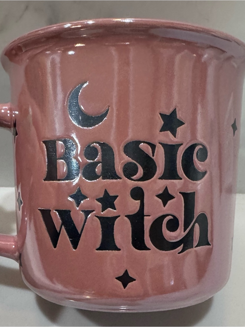 Happy Haunting Halloween Pink Aura Coffee Mug “Basic Witch” Moon Stars Dual Side - Picture 2 of 6